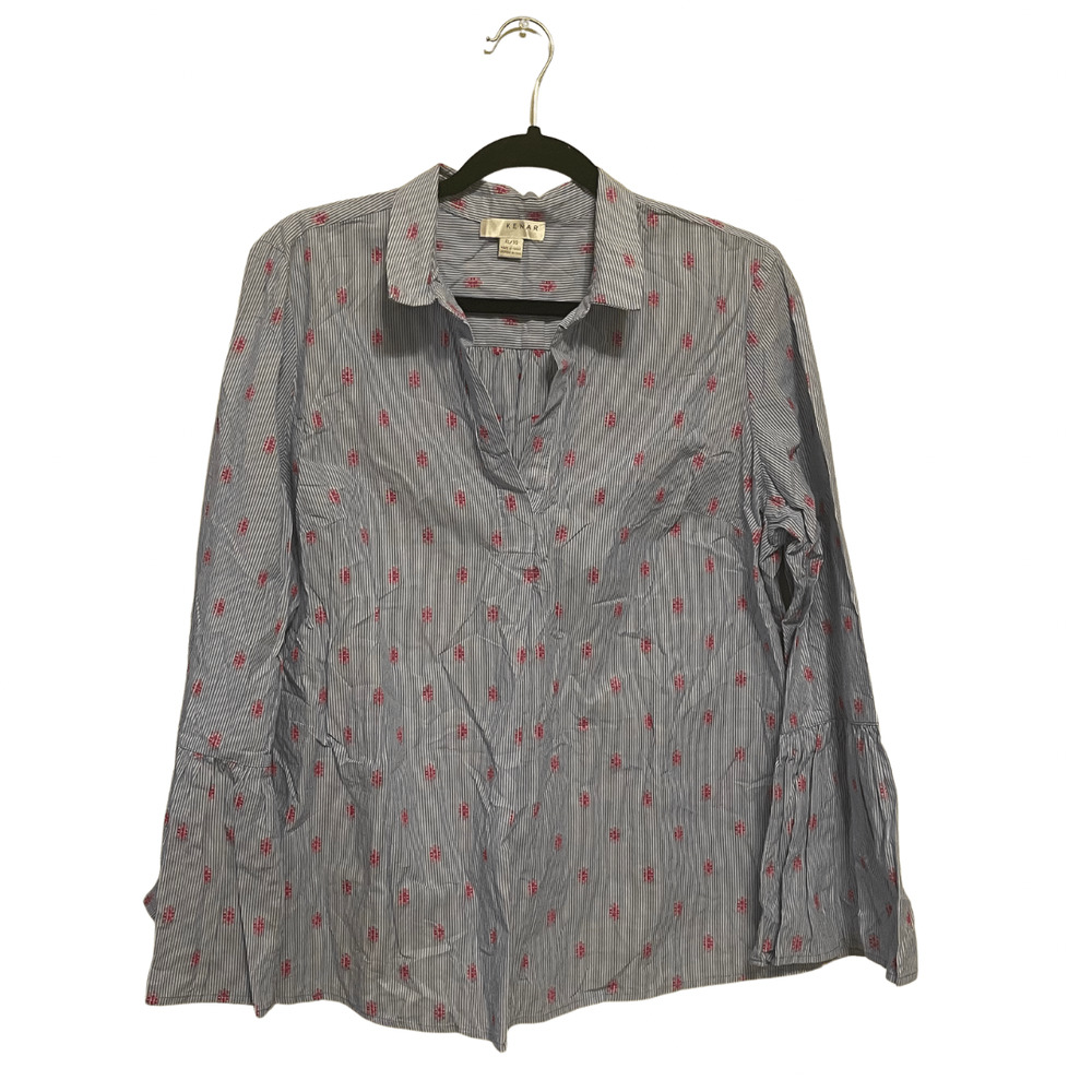 Kenar Blue Stripe Ikat Print Bell Sleeve Blouse Size XL